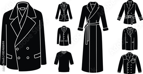 Various styles of men s outerwear and robes black silhouette on transparent background