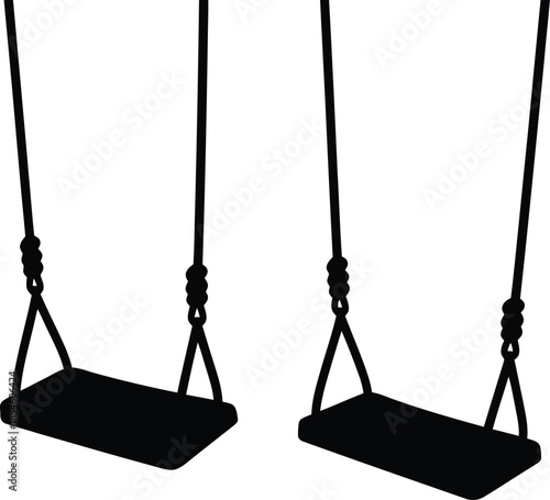 Three black swings hanging from ropes on transparent background silhouette