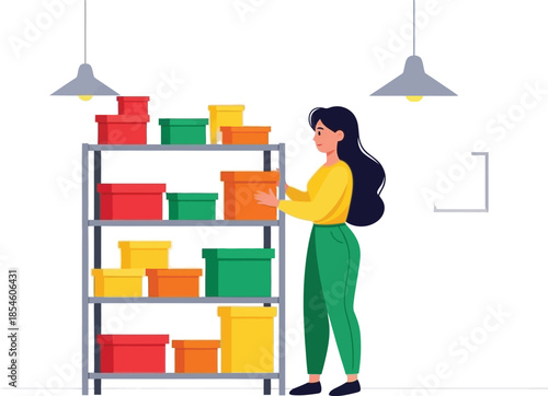 Woman organizing colorful storage bins on a shelf