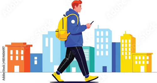 Man walking with backpack and phone in front of city skyline
