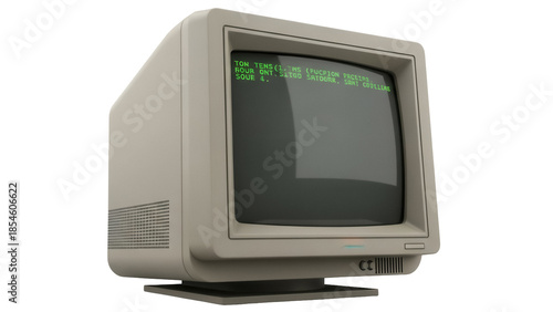 Vintage computer monitor isolated PNG on transparent background, retro beige CRT display with green text for 1980s technology and design