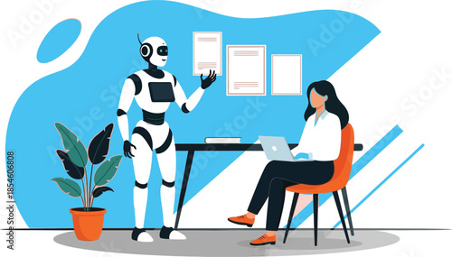 Robot and woman collaborating in a modern office setting with futuristic elements