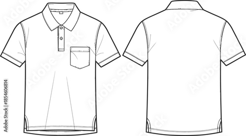 Technical drawing of a short sleeved button up shirt with collar