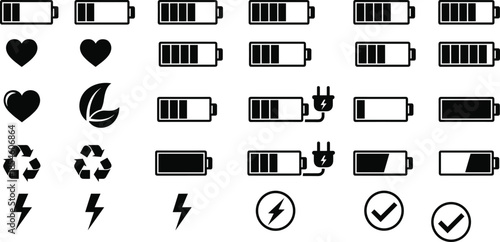 Vector illustration of battery and energy icons—symbols for charge levels, eco power, sustainability, recycling, and electricity status reference design
