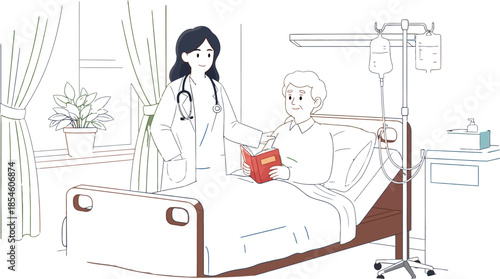 Nurse attending to patient in hospital bed with red book