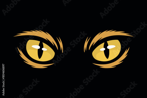 Glowing Yellow Predator Eyes in Darkness Vector Illustration. Scary Animal Eyes on Black Background. Mystical Cat Eyes Watching in the Dark Illustration. Glowing Cat Eyes Night Fear Symbol