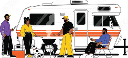 People standing and sitting near a colorful rv or motorhome vehicle