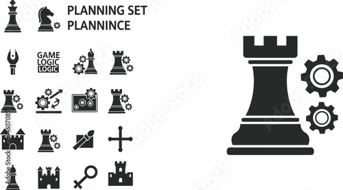 Vector illustration of chess and gear icons—symbols for strategy, planning, logic, problem-solving, game tactics, and mechanical thinking reference