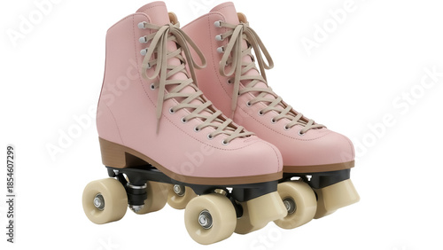 Pair of pink roller skates isolated PNG on transparent background, retro quad skates with beige laces for skating and recreation