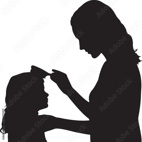 Silhouette of woman brushing childs hair brushing black and white