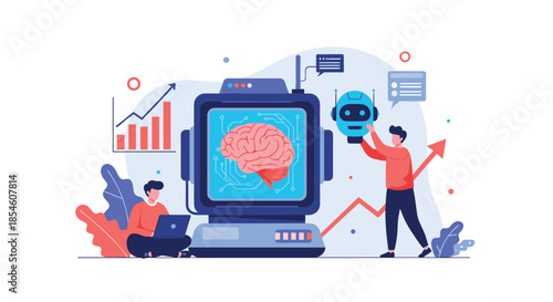 Technology experts work on developing an artificial intelligence system, showing a human brain on a computer screen and a robot head.