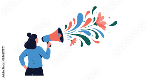 An empowered woman speaks into a megaphone, releasing a beautiful and colorful burst of flowers, leaves, and abstract shapes.