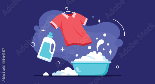 Laundry concept illustration with a bottle of detergent, a basin full of soapy bubbles, and a clean red shirt on a hanger.