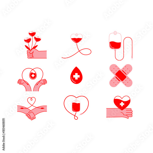 Blood Donation and Medical Charity Icon Collection Featuring Red Heart-Shaped Blood Bags, Donor Awareness Symbols, Adhesive Bandages, and Life-Saving Healthcare Illustrations.
