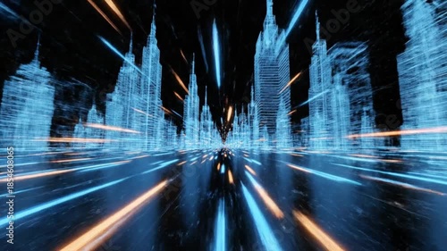 High-speed journey through a glowing digital metropolis, showcasing advanced future technology