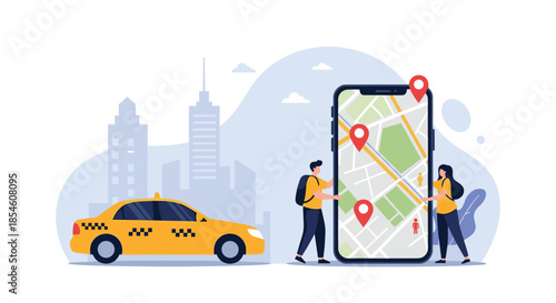 People use a giant smartphone with a city map to book a ride, illustrating a modern taxi or ride-sharing mobile application.