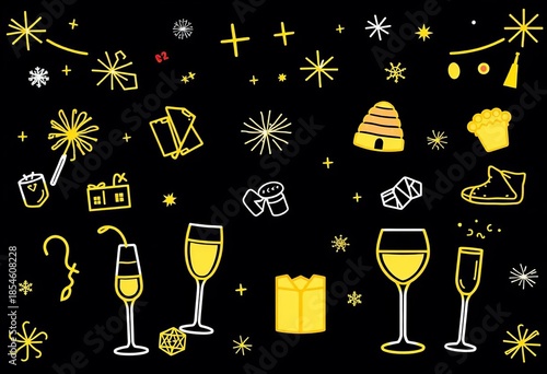Festive outline icons for New Year's Eve, celebrating winter holidays and parties with a clean, modern line art style,  style,  holiday