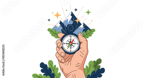 A hand holds a compass for guidance against a backdrop of majestic mountains, symbolizing adventure, travel, and exploration.
