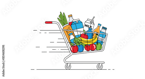 A shopping cart full of fresh groceries like milk, vegetables, and fruit moves at high speed, representing express delivery.