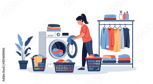 A woman is busy in her laundry room, loading clothes into the washing machine with baskets of laundry and a rack of clean clothes.