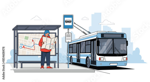 A young man stands at a city bus stop, studying a large route map while a modern blue trolleybus arrives for passengers.
