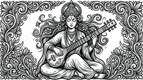 Goddess Saraswati playing Veena musical instrument with intricate floral border and mandala background for Vasant Panchami festival celebration, flat vector illustration