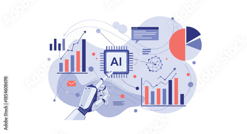 An AI robot hand interacts with a complex dashboard of charts and graphs, showcasing artificial intelligence in data analysis.