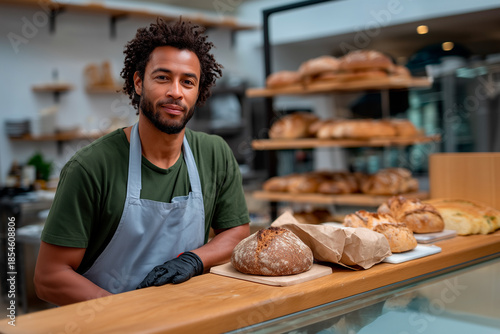 Young baker welcoming customers at artisan bakery display