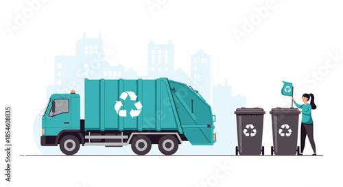 A city waste management scene with a garbage truck and a woman sorting trash into recycling bins to promote sustainability.