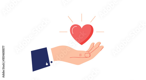 A well-dressed person's hand is shown open, with a glowing red heart floating above it, representing love, charity, and kindness.