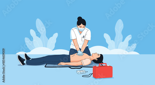 A female paramedic in uniform and a face mask performs CPR chest compressions on an unconscious man to save his life.