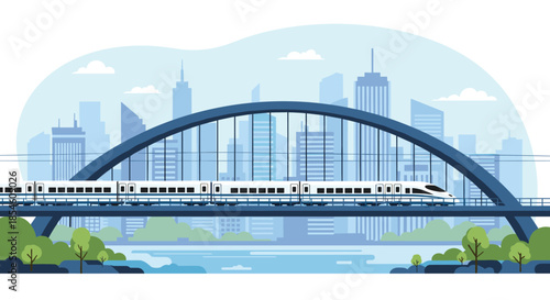 A modern high-speed bullet train travels across a large arch bridge with a futuristic city skyline in the background.