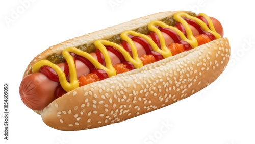 фотографія Delicious hot dog with mustard and ketchup isolated PNG, classic American fast f