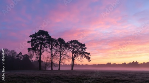 Silhouetted Trees Against a Stunning Sunrise with Colorful Sky in the Background