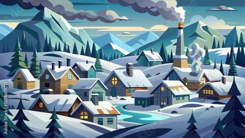 Winter village nestled among snow-covered hills with smoke rising from chimneys under a gray sky