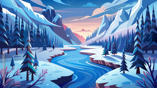 Frozen river winding through a snowy valley surrounded by bare winter trees