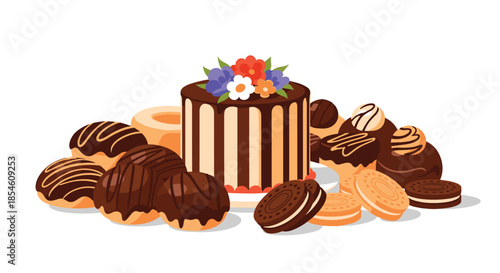 A delicious assortment of chocolate desserts, including a decorated layer cake, eclairs, cookies, and other sweet bakery treats.