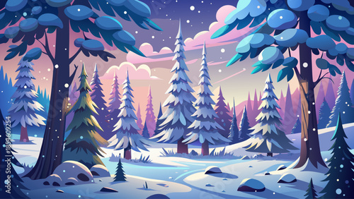 Snowfall gently covering a dense spruce forest, creating a magical winter atmosphere