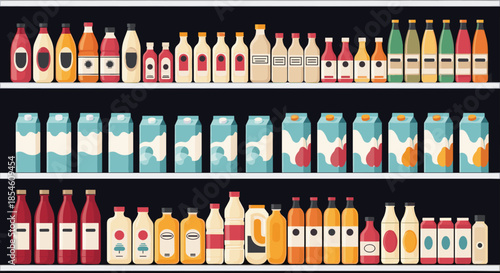 Supermarket shelves are neatly stocked with a wide variety of drinks, including milk cartons, juice bottles, and soda cans.