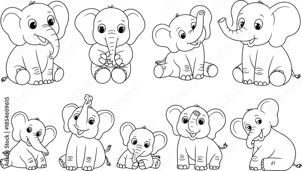 Fototapeta premium Eight cartoon elephants in various poses and expressions black and white line