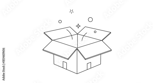 A simple black and white line art illustration of an open cardboard box with magical sparkles coming out, suggesting a surprise.