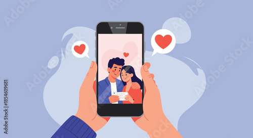 Hands hold up a smartphone displaying a photograph of a happy, loving couple, with heart icons popping out of the screen.