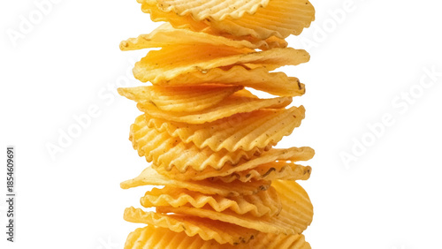 Fotografi Stack of golden rippled potato chips isolated PNG on transparent background, cri