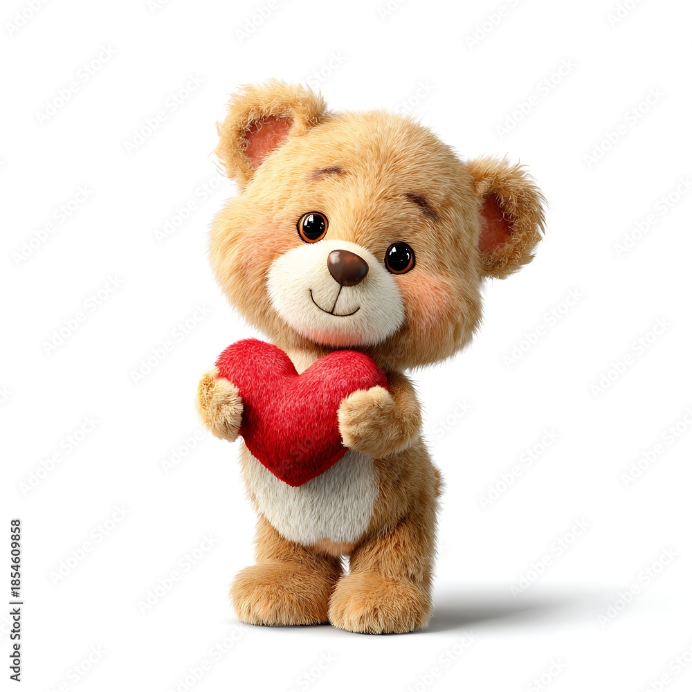 Obraz premium A cuddly teddy bear holding a red heart, expressing love and affection on a white background.