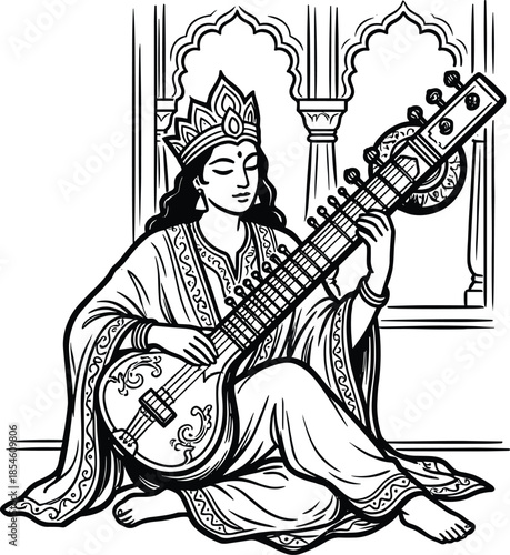 Goddess Saraswati wearing crown playing sitar in traditional temple arch for Hindu festival Vasant Panchami cad drawing flat vector illustration coloring page