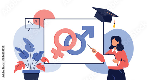 A female educator with a graduation cap above her head teaches a lesson on gender, pointing to male and female symbols.