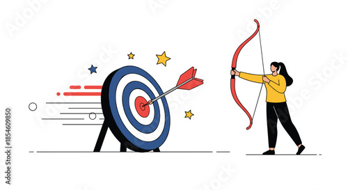 A focused woman practices archery, successfully hitting the bullseye of a target with an arrow, symbolizing achieving a goal.