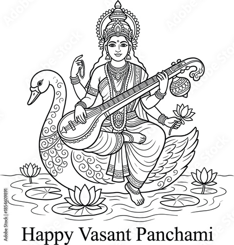 Goddess Saraswati sitting on swan playing veena for Happy Vasant Panchami Hindu festival line art cad drawing flat vector illustration coloring page