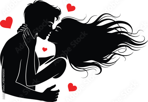 Romantic couple sharing tender kiss surrounded by hearts