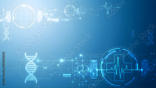 Abstract futuristic healthcare background featuring glowing medical icons, DNA helix and heartbeat line in clean blue tones. Ideal for medical websites, presentations, banners, and health technology b